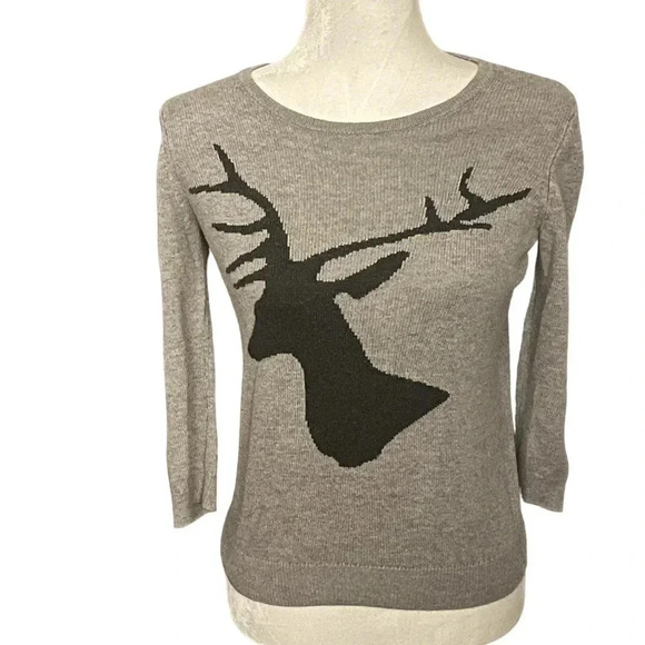 Ann Taylor Deer Sweater Gray Holiday Festive Size XS - Picture 1 of 6